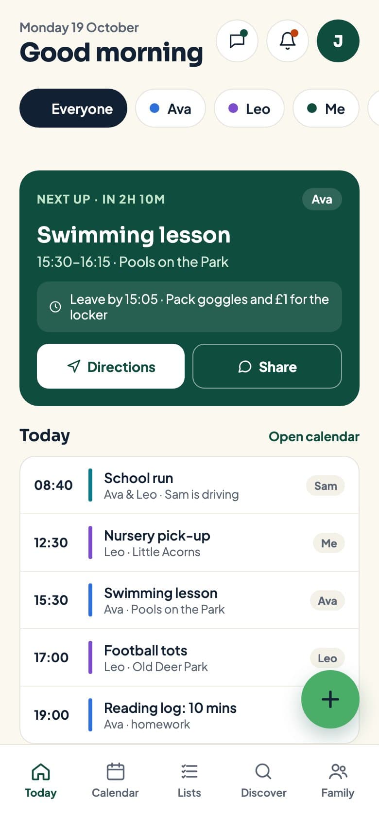 The Tumble app's Today screen: the next lesson with what to pack, and the rest of the family's day
